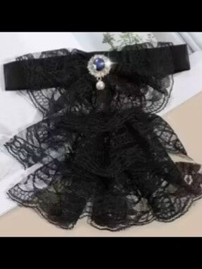 Ladies Black Victorian Lace Bow Necklace Choker with Rhinestone Accent